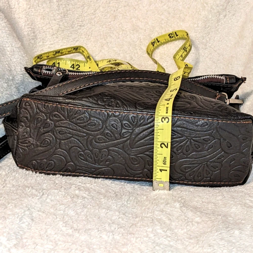 Chocolate Brown Tooled Italian Leather Fold-over‎ Crossbody Purse